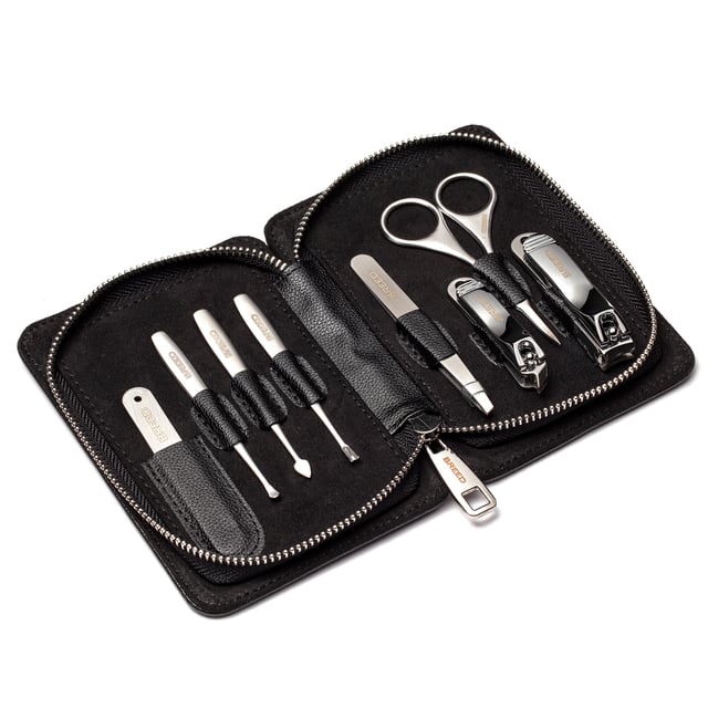 SPECS: 8-piece set, Surgical Stainless steel tools; INCLUDED: Heavy duty zip up travel case, Fingernail clippers, Toenail clippers, Nail file, Nostril + Eyebrow scissors, Peeling Knife, Cuticle Knife, Deadskin Fork, Tweezers