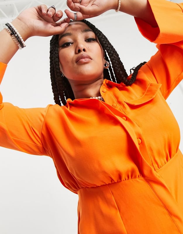 ASOS DESIGN Curve button through waisted mini shirt dress in orange