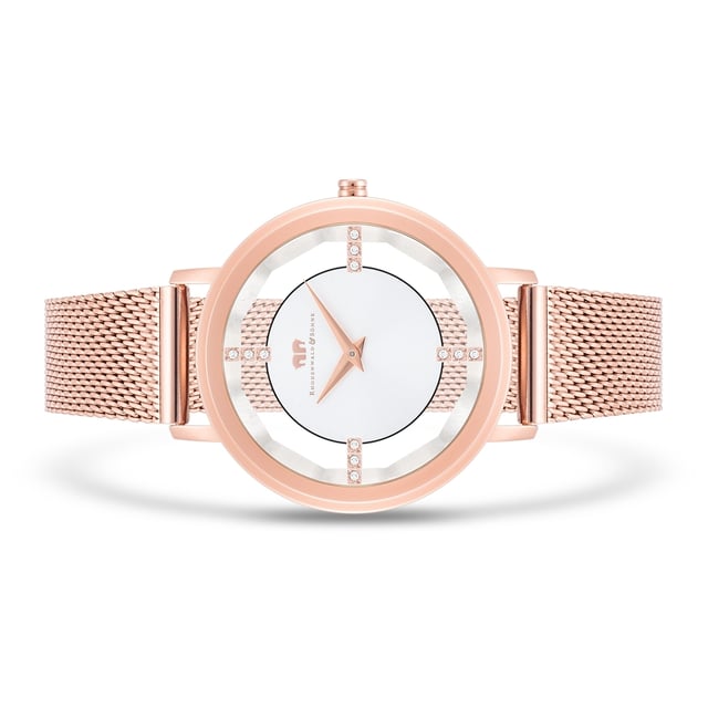 Would you like an eye -catcher on the wrist? Then this women's time meter of Rhodenwald & Sons is the right choice: Reduced functionality in conjunction with an expressive interpretation of the luxurious skeleton mechanism creates a special accessory. A touch of skin shimmers between the bezel and dial, bridged by four striking line indices, decorated with crystals from Swarovski®. The dial with a Sunray effect and subtle Dauphine added player play gently with the light. A stainless steel housing and a stainless steel bracelet in Milanaise-optics-both with a rose gold plating-ensure optimal everyday suitability.