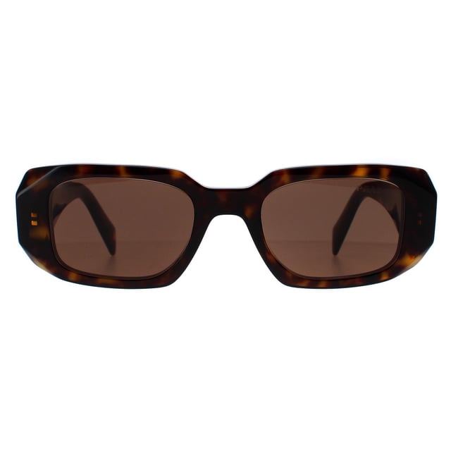Prada Rectangle Womens Tortoise Brown PR17WS  Sunglasses are a stylish design made of high-quality acetate material that ensures durability and comfort. The temples are adorned with the iconic Prada logo, adding a touch of sophistication. These sunglasses are perfect for any occasion, whether it's a day out in the sun or a night out on the town.