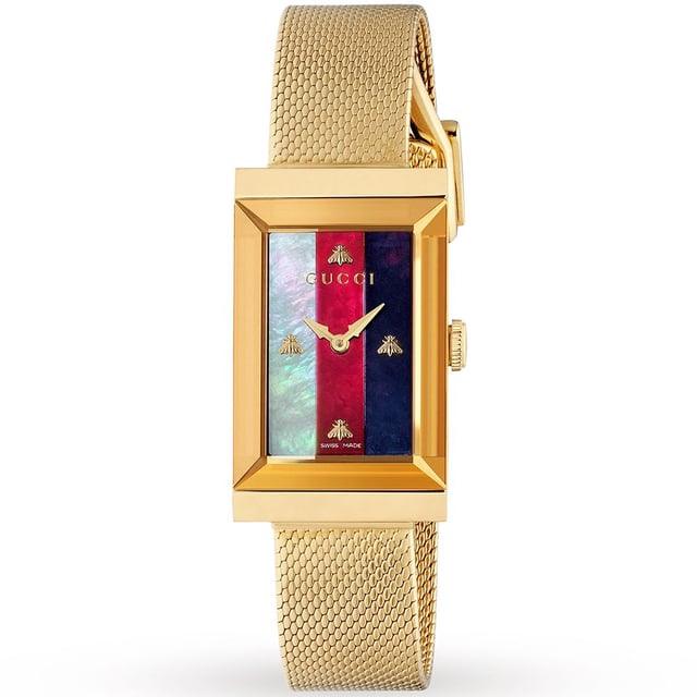 Supplier Code YA147410Range G-FrameStrap/Finish Stainless Steel,Gold Tone,Ion Plated/PVDStrap Type BraceletWatch Movement QuartzWater Resistancy 30mCase Size (mm) 34Dial Colour Multi-ColouredMarkers DotsClasp Type BuckleGlass Type Sapphire Crystal GlassWarranty 2 YearsFinish Polished