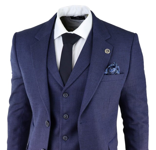Mens Navy Blue Piece Tweed Herringbone Suit Peaky Blinders