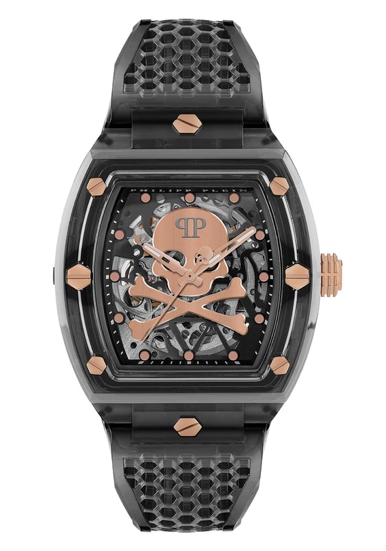 This Philipp Plein The $keleton Crystal Analogue Watch for Men is the perfect timepiece to wear or to gift. It's Grey  Tonneau case combined with the comfortable Grey Plastic watch band will ensure you enjoy this stunning timepiece without any compromise. Operated by a high quality Quartz movement and water resistant to 5 bars, your watch will keep ticking. In pursuit of the perfect design, Philipp Plein’s most iconic watch is given a new and modern twist to create advanced and unmistakable aesthetic codes. High quality 21 cm length and 26 mm width Grey Plastic strap with a Buckle Case measurement: 42 X 44 mm,case thickness: 14 mm, case colour: Grey and dial colour: Multicolour