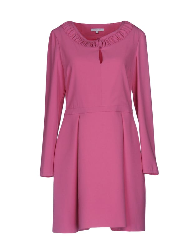 cr�pe, solid colour, round collar, long sleeves, pleated detailing, no pockets, unlined, side closure, zip closure, stretch, flared style