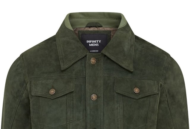 Introducing the Men's Trucker Casual Goat Suede Leather Shirt Jeans Jacket. This stylish, denim-inspired shirt is reimagined in the softest goat suede leather, offering a luxurious feel with a nod to 70's Americana. The slim-fit design makes a bold style statement, while the press button fastening, adjustable waistband, and cuffs add comfort and versatility. Perfect for pairing with your favorite jeans and boots, this retro jacket combines classic and contemporary effortlessly.

Slim fit for a modern silhouette
Press button fastening for easy wear
Adjustable waistband and cuffs for customized comfort
Soft goat suede leather for a luxurious feel
Inspired by 70's Americana for a timeless style