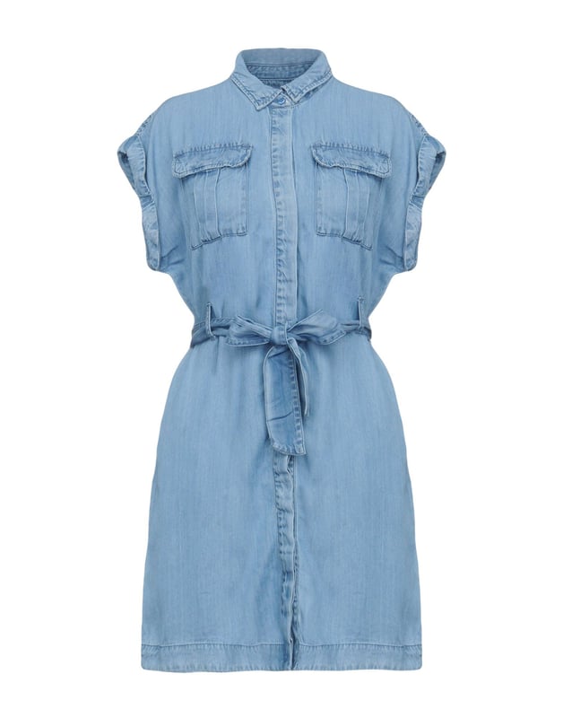denim, sash, pleated detailing, solid colour, classic neckline, short sleeves, multipockets, pocket with flap, front closure, button closing, shirt dress