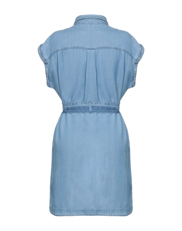 denim, sash, pleated detailing, solid colour, classic neckline, short sleeves, multipockets, pocket with flap, front closure, button closing, shirt dress
