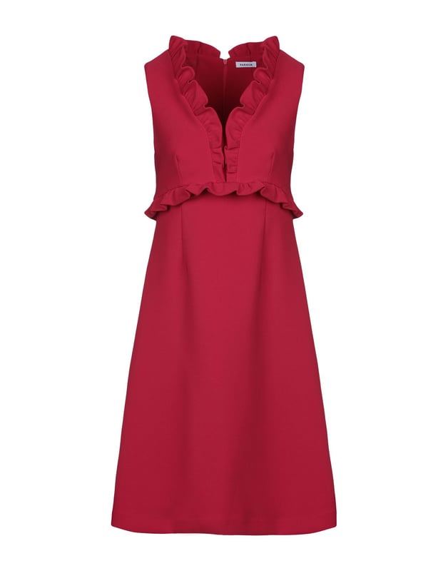 crepe, ruffles, basic solid colour, v-neck, sleeveless, rear closure, zip, stretch, trapeze style