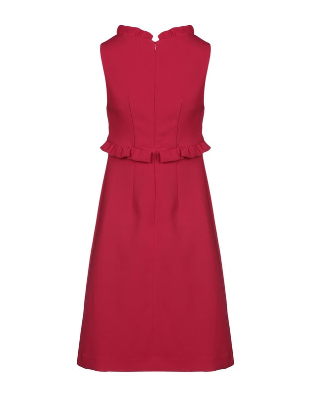 crepe, ruffles, basic solid colour, v-neck, sleeveless, rear closure, zip, stretch, trapeze style