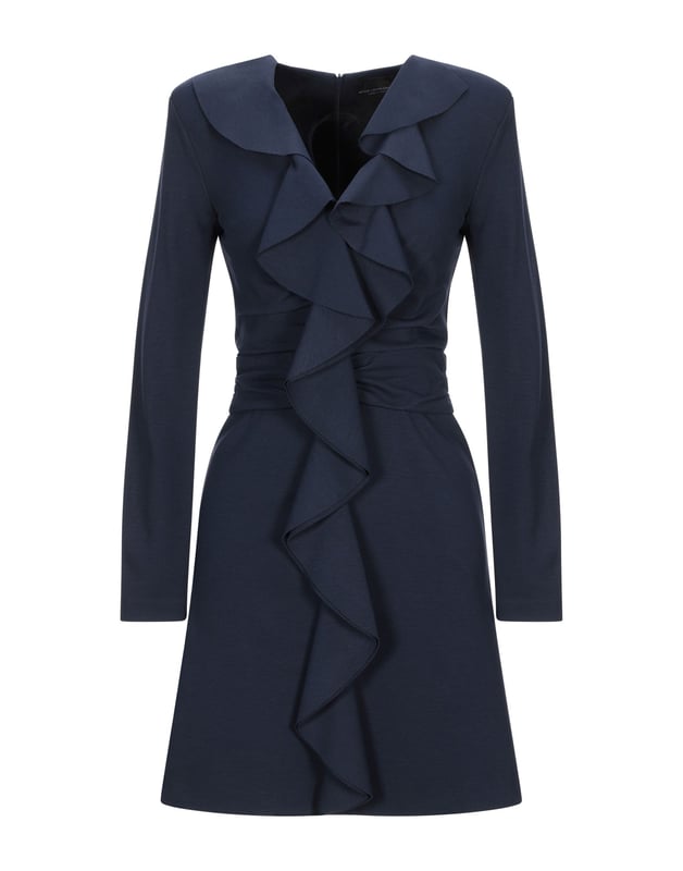 jersey, ruffles, basic solid colour, v-neck, long sleeves, no pockets, rear closure, zip, unlined, stretch, dress