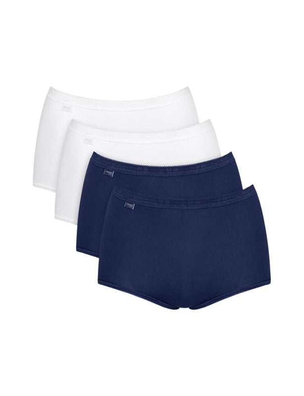 Maxi Slip für Frauen im praktischen 4er Pack von der Marke Sloggi. Einfarbige Shorts mit kleiner Spitze am Bund und Beinabschluss. Hoher Tragekomfort und perfekte Passform.