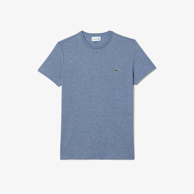 Mens Lacoste Crew Neck Pima Cotton Jersey T-Shirt in blue.- Ribbed crew neck.- Short sleeves.- Embroidered Lacoste logo at left chest.- Tonal back neck tape.- Super soft pima cotton jersey fabric.- Regular fit.- 100% Cotton.  - Ref: TH6709-1GF