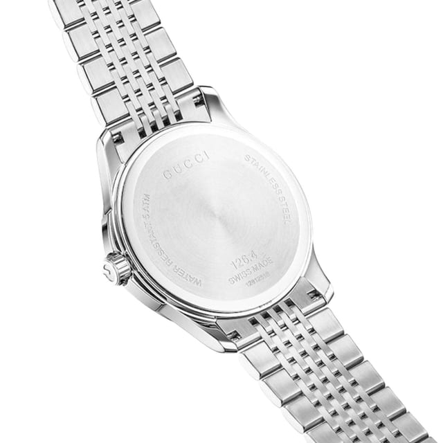 Model: YA126408EAN: 731903316454Movement: QuartzBracelet color: Silver-toneWaterproofing: 30 meters / 100 feetDial color: BlackBracelet material: Stainless SteelDate: Yes, at the 4 o'clock positionDial diameter: 38 mmDial thickness: 8 mmGender: UnisexDisplay: AnalogStyle: FashionCollection: Gucci G-TimelessGlass type: Crystal Set