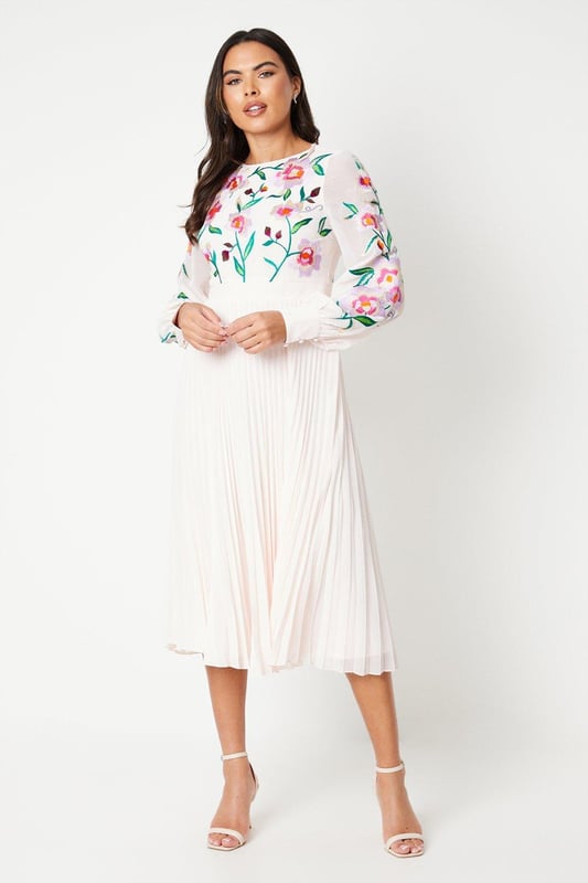 Pleated embroidered midi dress top
