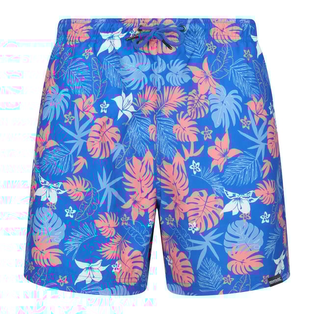 100% Recycled Polyester. Fabric: Microfibre, Seersucker. Design: Hawaiian, Logo, Printed. Pockets: 2 Side Pockets, 1 Back Pocket, 1 Security Pocket. Fastening: Pull-On. Fabric Technology: Durable, Lightweight, Quick Dry, Soft. Inner Brief. Length: Long. Waistline: Drawcord, Elasticated. Sustainability: Made from Recycled Materials.