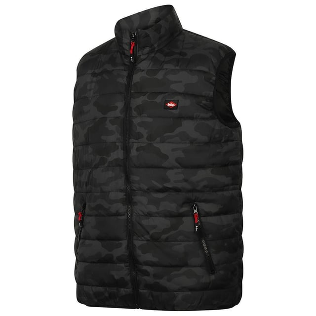 100% Polyester. Fabric: Tight Weave. Design: Camo, Logo, Quilted. Fabric Technology: Insulating, Lightweight, Thermal, Water Resistant, Windproof. Cuff: Bound, Elasticated. Branded Zip Pull, Padded. Sleeve-Type: Sleeveless. Neckline: Standing Collar. Fit: Slim. Pockets: 2 Side Pockets, Zip. Fastening: Front Zip. Hem: Bound, Elasticated. Conforms to Safety Standard: EN342. XL: 44 in. XXL: 46 in.