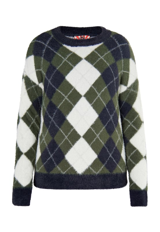 Rückkehr der Raute! Das schottische Argyle-Muster ist ein echter Klassiker, gern gesehen beim Golfsport, bei Schuluniformen oder Socken. Bei myMo ROCKS steht der Muster-Evergreen ebenfalls hoch im Kurs. Im kontrastierenden Farbmix ist der weiche Pullover aus einem weichen Garn gefertigt, klassisch geschnitten und mit unifarbenen Rippstrickbündchen abgeschlossen. Mit derben Biker-Boots kreierst Du einen lässigen Stilbruch.  Strickpullover