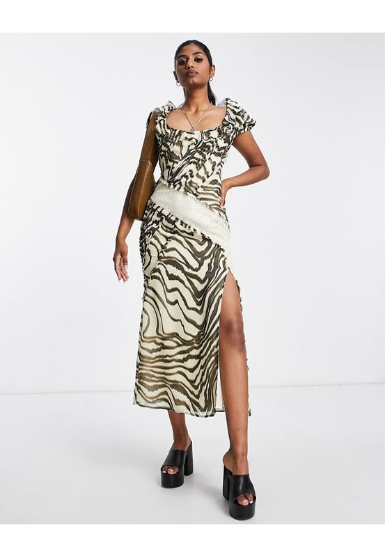 ASOS DESIGN scoop neck raw edge pintuck midi tea dress with lace insert in  animal print-Multi