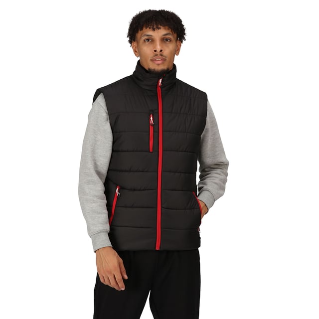 Material: 100% Polyester. Fabric: Ripstop. Design: Quilted. Fabric Technology: Thermal, Warmloft, WR Cire Finish. Neckline: High-Neck. Sleeve-Type: Sleeveless. Pockets: 1 Chest Pocket, 2 Side Pockets, Zip. Fastening: Full Zip. Made from Recycled Materials.