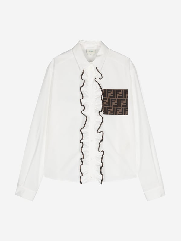 Fendi encapsulate passion and meticulous energy in their beautifully crafted Italian portraits. This girls blouse embodies the label's unparalleled high quality and innovation. It showcases a Zucca monogram detail and ruffle printed trims down a front button fastening. 100% Cotton