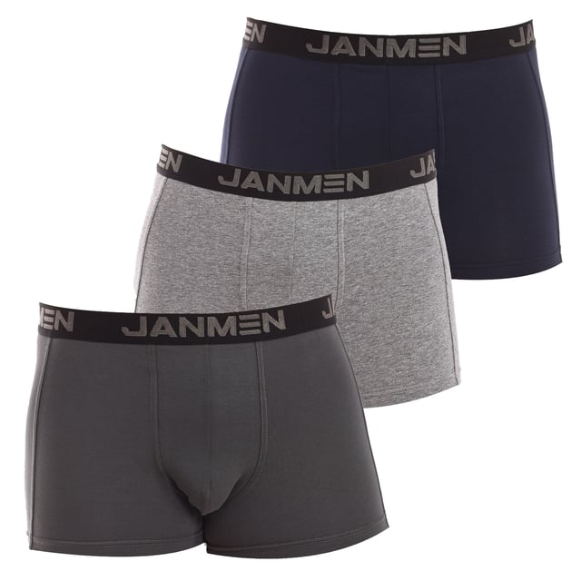 Pack-3 Boxers JanMen.
 Elastic rubber waistband with embroidered brand name.
 Breathable fabric.
 Anatomical front with the ability to hold without squeezing.
 Seams seen in tone.
 Composition: 92% Cotton, 8% Elastane
 Care:
Wash at maximum temperature 30º.
 Do not use bleach.
 Do not use dryer.
 Do not iron.
 Do not dry clean.