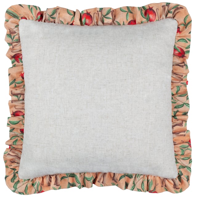 Elevate your interior décor with the Okara Elephant Printed Ruffle Cushion, a statement piece that combines artistry with elegance. Featuring a hand-painted design of elephants and pomegranates, expertly printed onto a linen-blend fabric, this cushion brings the beauty of the natural world into your home. Its textured finish and subtle the harmony of gentle hues complemented by striking accents creates a vibrant aesthetic. Framed by a ruffle trim, it offers a touch of relaxed charm that complements a variety of modern interiors. Perfect for those who value unique prints and quality craftsmanship, this cushion adds effortless style to any space.