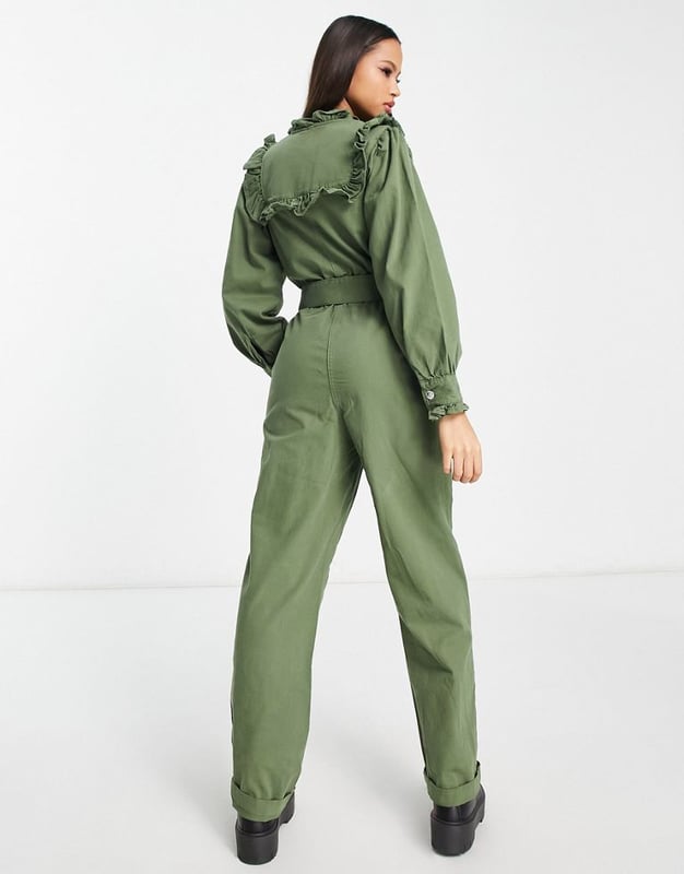 Miss Selfridge bib frill belted jumpsuit in khaki Green