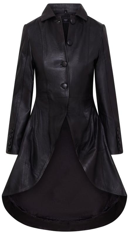 Deze lange jas, geïnspireerd op Victoriaanse en Edwardiaanse stijlen, heeft een strak uitlopend design gemaakt van 100% premium leer. Perfect voor gothic en punk mode, het is een gedurfd statement piece dat vintage charme combineert met een moderne rand. Lange uitlopende jas voor een opvallende look Gemaakt van 100% premium leer voor duurzaamheid en luxe Victoriaanse en Edwardiaanse invloeden met een eigentijdse twist Perfect voor gothic, punk of alternatieve modestijlen