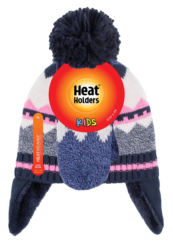 Say goodbye to cold Winter days with these nordic patterned hats and mittens for girls. Whether you're daughter is making snow angels or enjoying a walk in the snow, these hat and mittens are guaranteed to keep their little heads and hands warm! This range of girls hats and mittens features Heatweaver insulation which is a plush fur-like lining that maximises the amount of warm air held close to the skin, keeping your kids heads, ears and hands warmer for longer! Heat Holders are recognised for their incredibly warm use of materials especially, their developed thermal yarn which provides high performance insulation against cold with superior moisture breathing abilities. Crafted with stretchable construction, these hats and mittens contours around the natural shape of your child's head and hands for a better, improved fit. With hi-tech HeatWeaver® thermal lining to keep kids warm even in the very coldest conditions, this range of hats and mittens are warm, comfortable, and stylish! For the perfect Winter look, these girls hats and mittens are woven with a Nordic pattern theme to complete any Winter ensemble! They have a matching colour block design for a fun and stylish fashion statement! They feature a pink stripe across the cuff on the wrists and around the hat. These mittens have a long turn over cuff which you can adjust according to your child's wrist size. The mittens also have a generous area for your child's hands. They also have a soft thermal inner brushed lining that maximises warmth and comfort. The long ears fit comfortably around the ears to retain heat and warmth close to the skin.