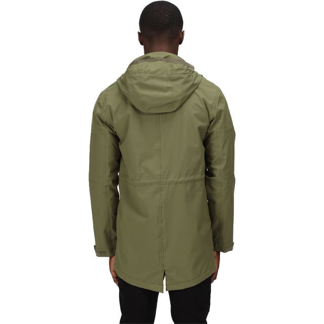 Waterproof and breathable Isotex stretch 5000/10000 fabric. Durable water repellent finish. Taped seams. Polyester mesh lining with polyester taffeta lined sleeves. Internal security pocket. Detachable hood with hook and eye fastening. Hood with drawcord adjuster. 1 zipped chest pocket. 1 zipped sleeve pocket. Adjustable cuffs. Adjustable drawcord waist. 2 lower pockets with flaps and branded snap fastening. Fishtail hem.