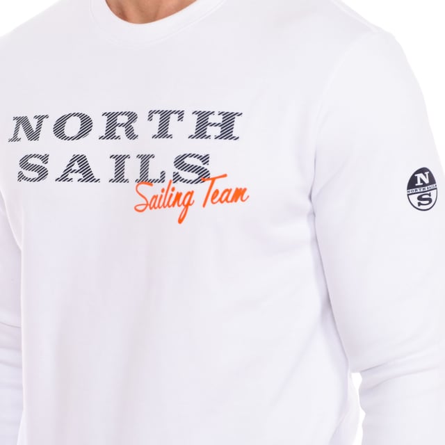 Sweatshirt North Sails.
 Ribbed crew neck.
 Brand print on the front.
 Brand logo on one sleeve.
 Ribbed cuffs and waistband.
 Seams seen in tone.
 Composition: 60% Viscose, 35% Nylon, 5% Elastane
 Care:
Wash at maximum temperature 30º.
 Iron at medium temperature.
 Do not use bleach.
 Do not use dryer.
 Do not dry clean.