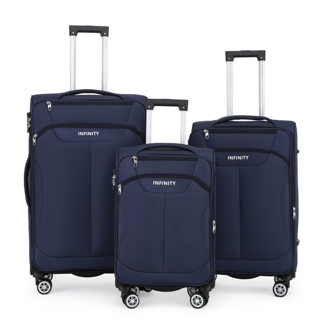 Upgrade uw reisbenodigdheden met de 8-wiel lichtgewicht marineblauwe koffers, ontworpen voor stijl, duurzaamheid en bruikbaarheid. Deze soft-shell bagageset is gemaakt van hoogwaardig nylon en biedt een strak uiterlijk en uitzonderlijke prestaties voor al uw reizen. Kenmerken: Lichtgewicht nylon materiaal: Duurzaam maar lichtgewicht, waardoor het gemakkelijk te hanteren is en langdurig gebruik garandeert. Soft-Shell ontwerp: Biedt flexibiliteit en veerkracht om schokken tijdens het reizen te absorberen. Veilig TSA-slot: Houdt uw bezittingen veilig en TSA-conform voor naadloze veiligheidscontroles op de luchthaven. 4X dubbele wielen met 360° mobiliteit: Zorgt voor moeiteloze manoeuvreerbaarheid over verschillende oppervlakken. Ergonomische telescopische handgreep: Ontworpen voor comfort en eenvoudige bediening. Georganiseerd interieur: Inclusief spanriemen, compartimenten met rits en gaasverdelers voor probleemloos inpakken. Beschikbare maten en specificaties: Cabine: Afmetingen: 36,5 x 23,5 x 58 cm Gewicht: 2,50 kg Capaciteit: 43L Medium: Afmetingen: 42 x 26 x 67 cm Gewicht: 3,40 kg Capaciteit: 64L Groot: Afmetingen: 48 x 30 x 76 cm Gewicht: 4,30 kg Capaciteit: 98L Deze veelzijdige koffers zijn perfect voor alle soorten reizen, of het nu een korte reis of een langere vakantie is. Het strakke zwarte ontwerp zorgt voor tijdloze elegantie, terwijl de lichtgewicht constructie en geavanceerde functies ongeëvenaard gemak bieden. - Let op: Selecteer de gewenste maat. Maten worden afzonderlijk verkocht, niet in sets.