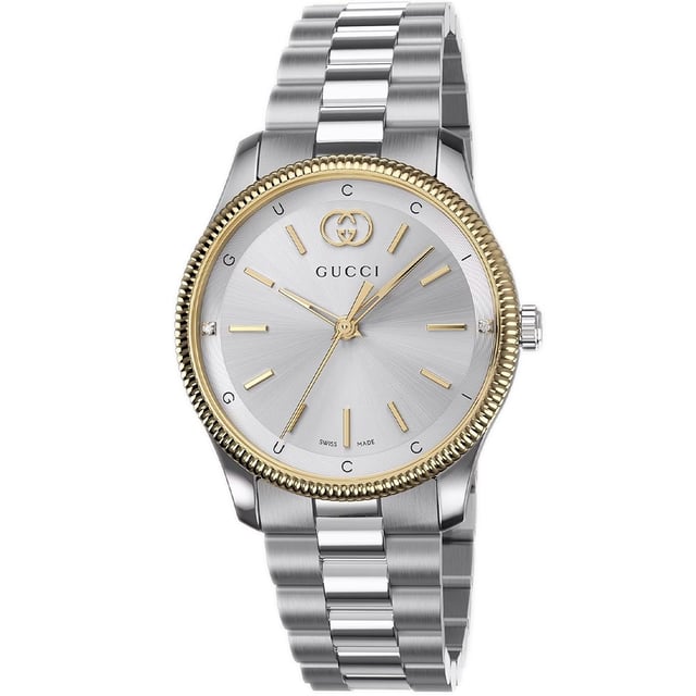 Marke GUCCIUhrenmarkierungenStäbeWasserdicht 50 MeterGeschlecht FrauenUhrwerk QuarzGehäusematerial EdelstahlZifferblattfarbe SilberArmbandmaterial EdelstahlDurchmesser 29mmMarkenkollektionen G-Timeless