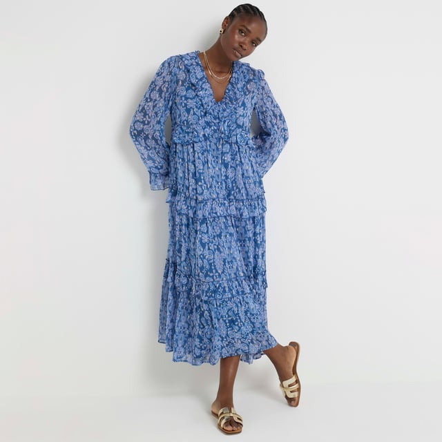 Purple floral frill maxi dress river island deals