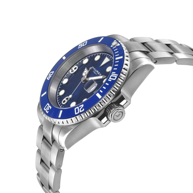 Haurex 4A512UBB  Men's Barracuda Automatic WatchHaurex Men's Automatic Watch from the Barracuda Collection43mm Round 316L Stainless Steel Case, Blue Ceramic BezelBlue Sunray Dial, Date at 4Push/Pull Crown, Exhibition Case back316L Stainless Steel Brushed Bracelet With Deployment BuckleAnti-reflective Sapphire CrystalWater Resistant to 50 Meters/5ATMAutomatic Miyota Ultra thin 9015