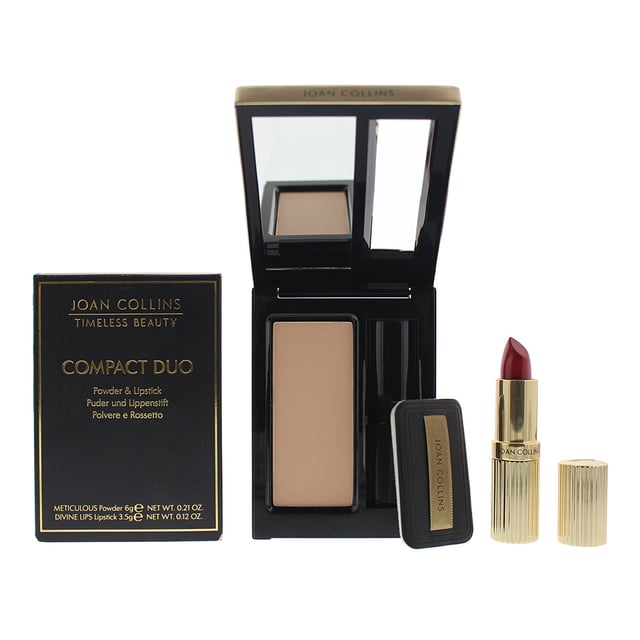 This beautifully designed compact duo brings the two ultimate make up essentials together - Meticulous Skin Perfecting Powder evens tone, regulates shine, hydrates and fills fine lines to make the skin look fabulous and a super hydrating, highly pigmented Divine Lips lipstick to add colour and protect the lips. Unique, elegant compact with mirror in lid and a powder puff..