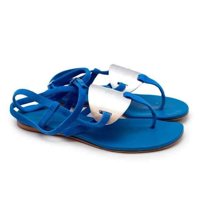 Hermes Blue Suede Ankle Wrap Thong Sandals