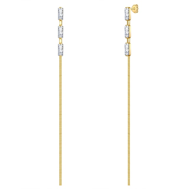 Do you like modern accessories with a touch of glamor that add star appeal to any of your outfits? Then these earrings from the Rafaela Donata label are the right choice. Inspired by the trendy waterfall design, a long chain strand dangles from the earlobe, decorated with faceted zirconia at the top. Minimalist and yet with small sparkling elements, the earrings score points with all fashionistas who like unusual but stylish jewelry. The earrings are made of 925 sterling silver and finished with 14 carat yellow gold. Plug-in fasteners ensure a high level of comfort and easy handling when putting on and taking off.