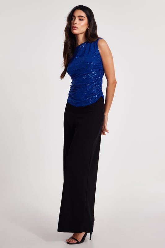 - Sequin finish - Round neckline - Ruched side - Vest style - Model height: 5'8" - Model wears uk 8 / us 4 / eur 36 - Always check the care wash label - Cool hand wash with mild detergent