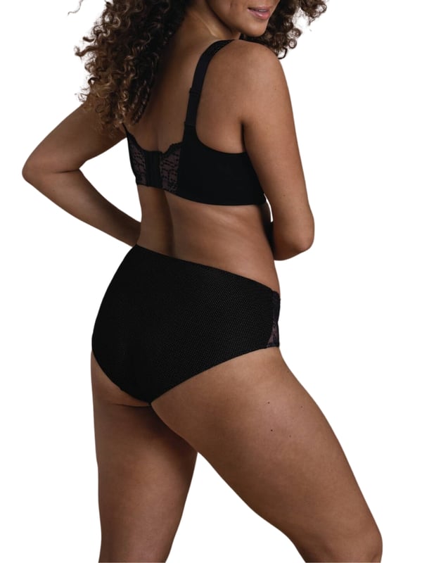 Anita Orely Support Soft Cup Bra. Soft cup with wide cushioned straps and three section cups made from a polka dot patterned knitted fabric. Product is recommended hand wash only.