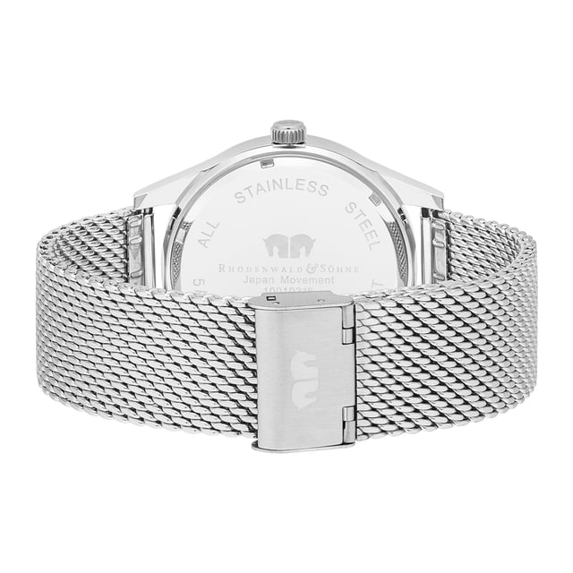 Less is more: According to this motto, the design of this exclusive men's watch was designed by the Rhodenwald & Sons manufactory. Reduced to the date and weekday display and simple line indeed combined with Arabic numerals and feuille devices, the dial convinces with minimalism. Exquisite eye-catcher is the elaborate Milanais bracelet with sliding closure. Behind the classic watch look in the tradition of old watchmaking, modern materials and contemporary technology convince: housings and bracelet are made of robust stainless steel. Hardened mineral glass and a precise quartz train complete the high -quality equipment.