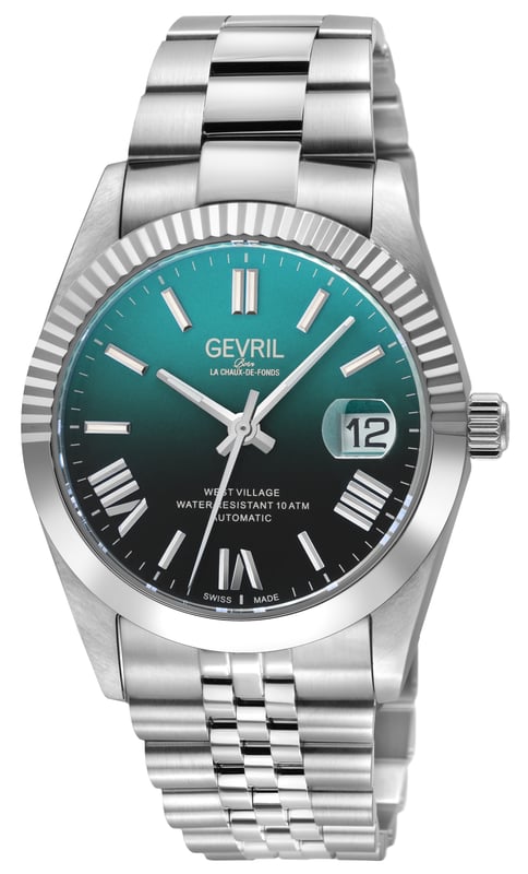 Gevril Caja automática de acero inoxidable 316L West Village Fusion Elite para hombre, esfera con degradado azul real, pulsera satinada y pulida de acero inoxidable 316L