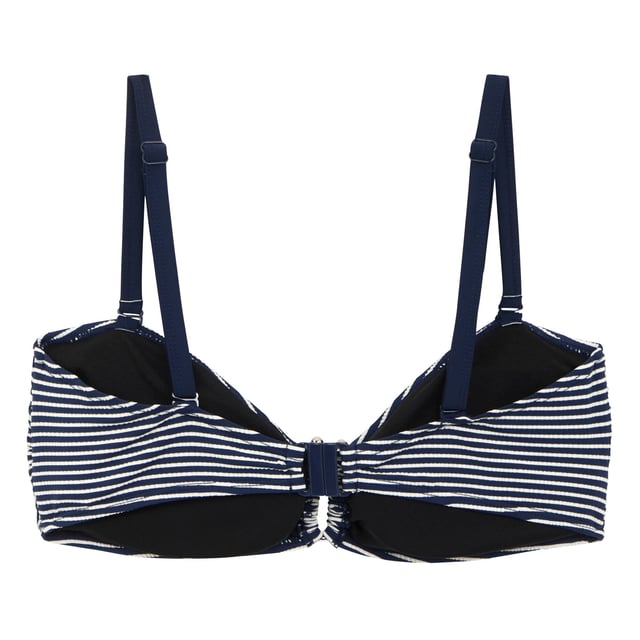 85% Polyester, 15% Elastane. Design: Seeksucker, Striped. Fastening: Clasp. Neckline: Sweetheart. Adjustable Shoulder Strap, Metal Detail, Multiway. Fabric Technology: UV Protection. Sustainability: Made from Recycled Materials. Sun Rating: UPF 50+.
