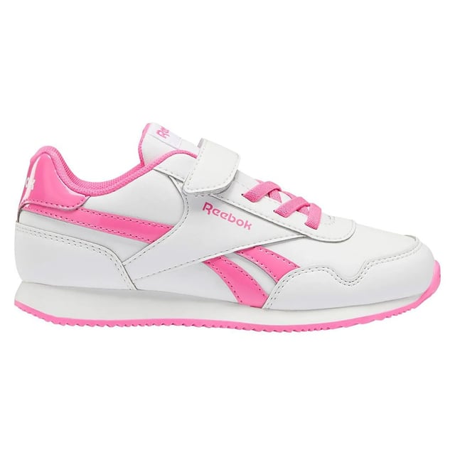 The Reebok Classic Jog 3 Kids White Trainers are a stylish and comfortable choice for kids' casual footwear. Reebok's Classic Jog series is known for its retro design and durability. Here's a description of the key features:

 White Design:  These trainers come in a clean and versatile white color, offering a fresh and classic look that's easy to pair with a wide range of kids' casual outfits and styles.

 Synthetic Leather and Mesh Upper:  The upper is typically made of a combination of synthetic leather and mesh materials. The synthetic leather adds durability and style, while the mesh provides breathability and comfort.

 Low-Top Silhouette:  These trainers have a low-top design, allowing for easy movement and a timeless look that's suitable for various casual occasions.

 Hook-and-Loop Closure:  Instead of laces, these trainers often feature a hook-and-loop closure, which is convenient for kids to put on and take off their shoes with minimal assistance.

 Padded Collar and Tongue:  The trainers typically have a padded collar and tongue, enhancing comfort and providing cushioning around the ankle area.

 EVA Midsole:  The EVA (ethylene-vinyl acetate) midsole offers lightweight cushioning, ensuring a comfortable underfoot experience for kids.

 Cushioned Insole:  Many Reebok kids' trainers, including the Classic Jog 3 series, come with a cushioned insole that provides additional comfort and support for young feet.

 Durable Rubber Outsole:  The rubber outsole is designed for good traction and longevity, ensuring stability and grip on various surfaces, which is essential for active kids.

 Reebok Branding:  Reebok's classic logo and branding elements are often featured on these trainers, adding authenticity and a sporty touch to the design.