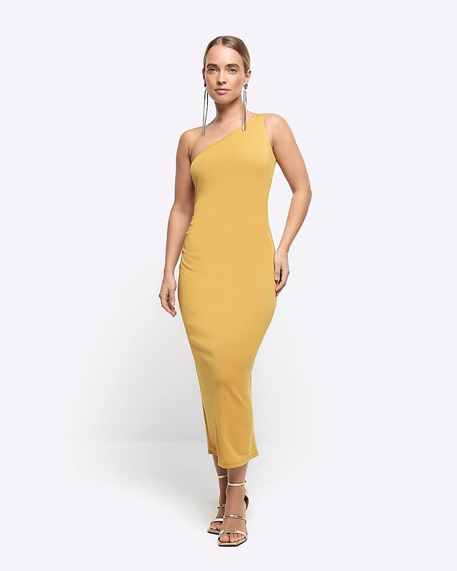 Drape detail, One shoulder design, Asymmetric neckline, Sleeveless, Midi length