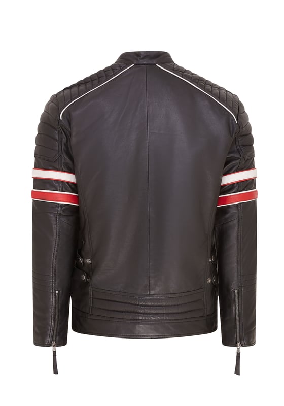 An homage to the racing legends of the Le Mans 50s era, this jacket features two racing bands on each of the sleeves that are the defining feature of this piece. The jacket is crafted with ultra-soft premium nappa leather with quilting around the shoulders which is separated from the upper chest by a white piped boundary, giving this piece a distinctly sporty aesthetic. The jacket interior is lined with a complimenting poplin fabric with integrated compartments to assist the front four zip pockets in providing secure storage. This jacket appears in a classic black colourway and a bold red which is a great choice when going for a more eye-catching look.

• 100% premium ultra-soft nappa leather.

• Two angled waist pockets and two zipped breast pockets

• Racing band features appearing on each sleeve

• Quilting on the shoulders and at the cuffs

• YKK zip fastening

• Short stand collar