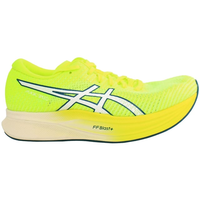 The Asics Magic Speed 2 Women's Yellow Trainers are likely designed for runners seeking a combination of performance, comfort, and style. Here are some features you might find in these trainers:

 Performance-Focused Design: Asics running shoes are typically designed with performance in mind, offering features to enhance running efficiency and comfort.

 Advanced Cushioning Technology: Expect the inclusion of Asics' signature cushioning technology, such as FlyteFoam or GEL cushioning, providing responsive and comfortable support during runs.

 Breathable Upper: The upper of the trainers likely incorporates breathable mesh material to promote airflow and keep the feet cool during runs.

 Lightweight Construction: Asics often emphasizes lightweight construction in their running shoes, allowing for a more agile and efficient running experience.

 Responsive Midsole: The midsole is likely designed to be responsive, providing energy return with each stride to enhance the overall running performance.

 Durable Outsole: The outsole is likely constructed for durability and traction, providing a reliable grip on various surfaces.