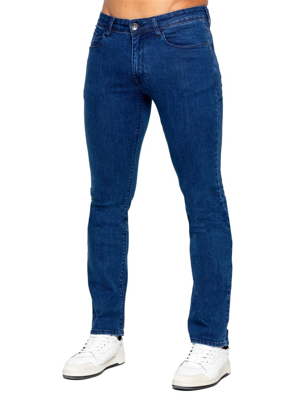 Eto Herren Jeans mit geradem Bein. Ausgestattet mit einem 5-Taschen-Design. Einfach und bequem zu tragen. Markenknöpfe und Nieten. Ideal für Casual oder Arbeitskleidung.