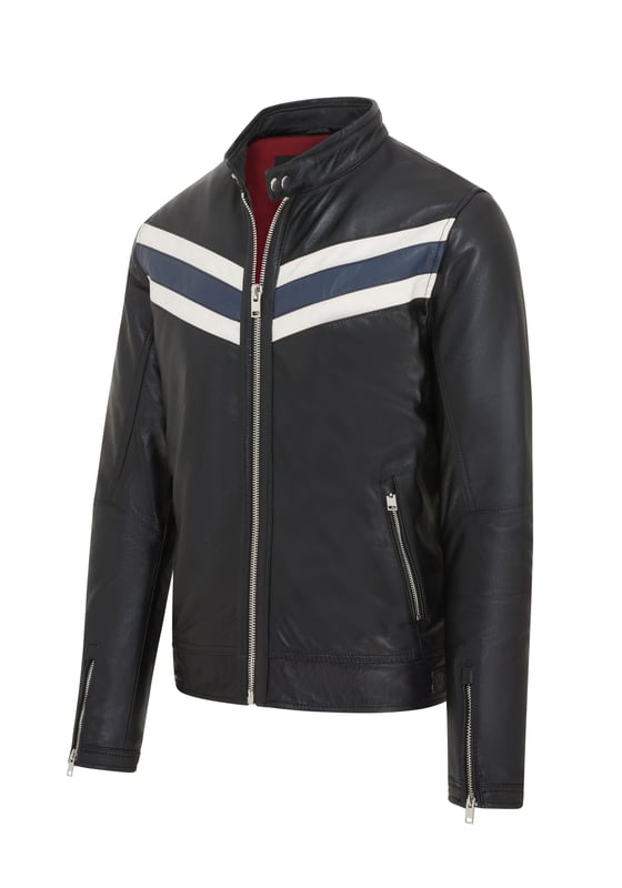 This men's café racer biker jacket, crafted from luxurious lamb soft nappa leather, is the perfect blend of retro style and modern functionality. It features bold white and navy blue stripes for a striking look, paired with durable craftsmanship for lasting wear. Designed for convenience and practicality, the jacket includes two external zipped pockets, two inner pockets, a secure collar button, and a smooth front zip closure. Whether for casual outings or motorcycle adventures, this jacket is a timeless essential for your wardrobe.

Made from premium lamb soft nappa leather for durability and comfort.
Bold white and navy blue stripes add a vintage-inspired flair.
Two external zipped pockets and two inner pockets for ample storage.
Stand collar with button closure for a secure, stylish fit.
Durable front zip closure for easy wear.
Perfect for casual wear or motorcycle enthusiasts.