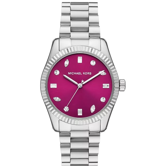 Sku: MK7443Case Size: 38 mmMovement: Quartz Three-HandPlatform: LEXINGTONStrap Material: Stainless SteelStrap Color: SilverCase Water Resistance: 10 ATMCase Material: Stainless SteelCase Color: SilverDial Color: PinkStrap Width: 20 mmClosure: 2 Pusher Foldover ClaspStrap Inner Circumference: 175 +/- 5 mmCrystal Type: Mineral